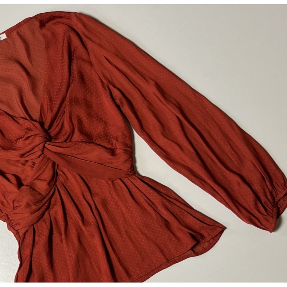 Pleione Polka Dot Silky Blouse Sz M Burnt Orange Puff Sleeve V-Neck Twist Front